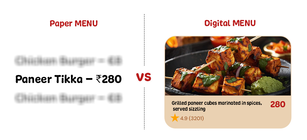 Text-based restaurant menu vs digital QR code menu with images and interactive ordering
